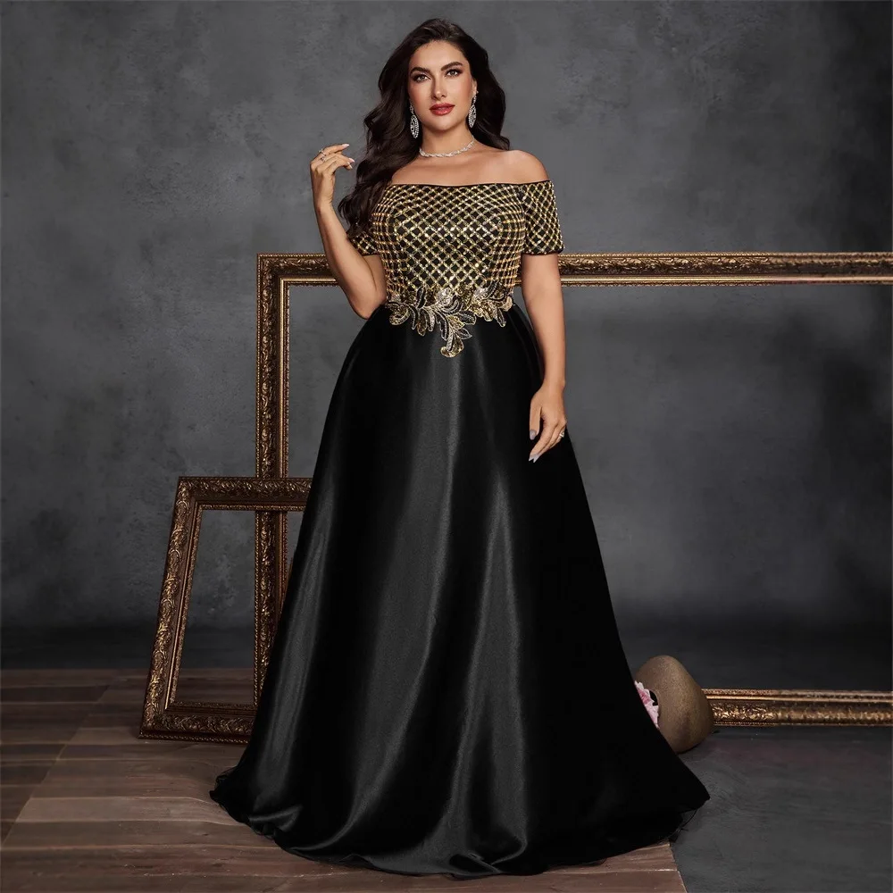Picture 4: Plus Size Black Gold Off Shoulder Grid Sequin Embroidered High Waist Satin A Line Floor Train Evening Mother of Bride Gown