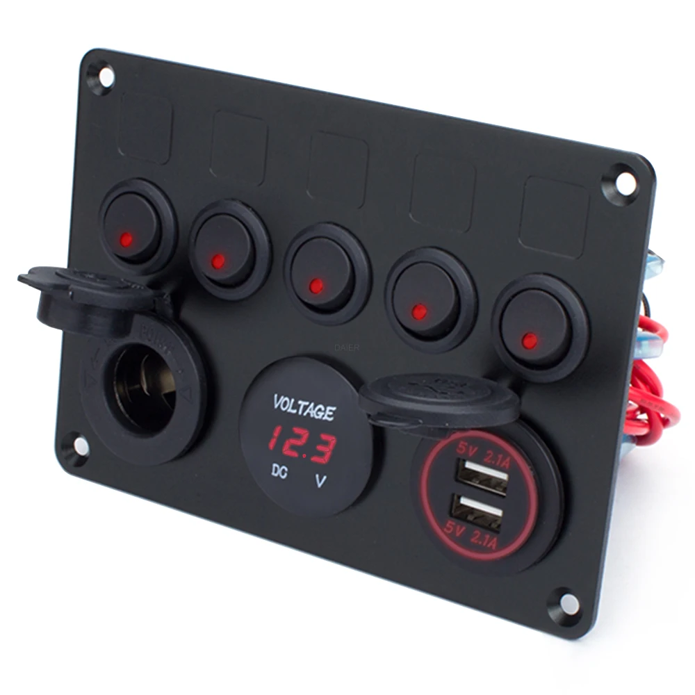 

5 Gang Switch Panel LED Voltmeter Dual USB Charger Socket 12V Power Outlet Control Panel For Marine Truck Car Camper