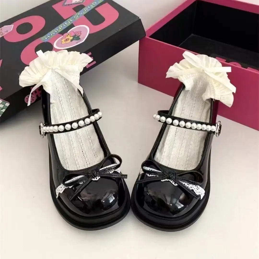 Lace Butterfly Knot Beaded High Heels Women Chunky Heel Single Shoes Japanese Style round Head PU Leather Summer Autumn Spring