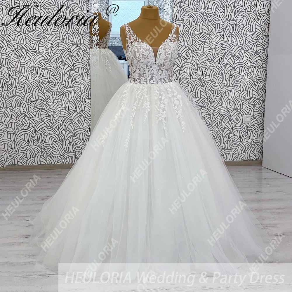 HEULORIA エレガントな A ラインのウェディングドレス V ネックスパークイグリッタービーズレース花嫁ドレス Vestido De Novia カスタマイズ