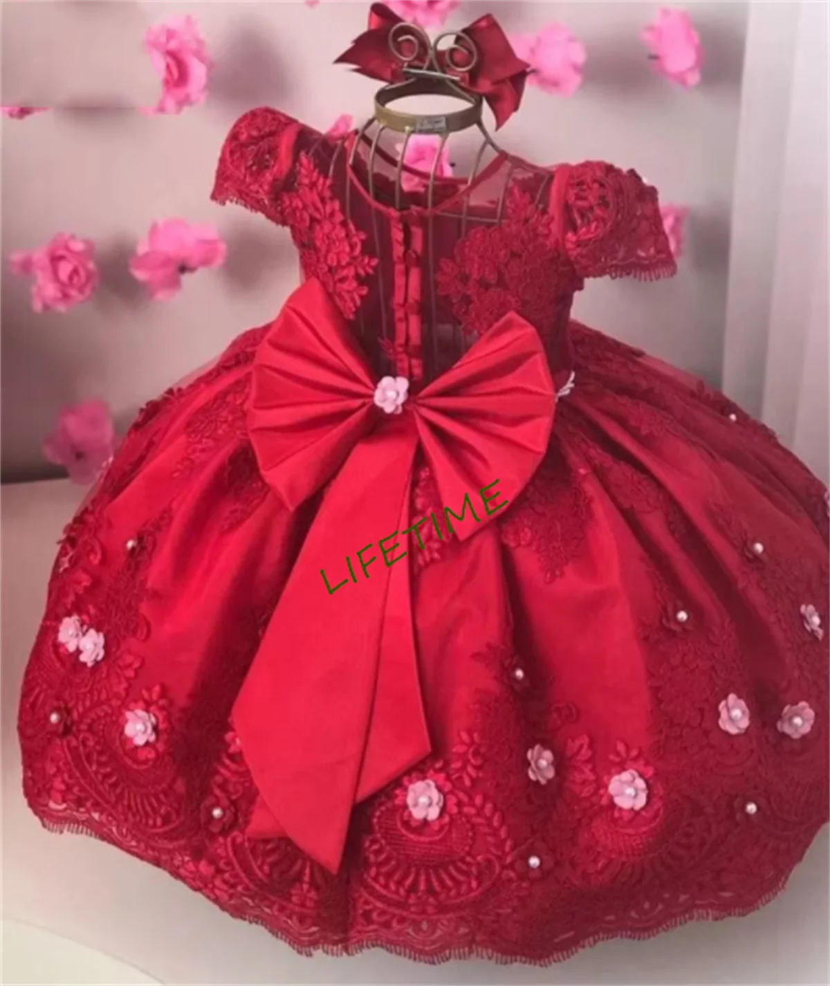 Customized Red Lace Ball Gown Baby Girl Dresses Jewel Neck Appliqued Toddler Pageant Gowns Baby Girl First Birthday Party Dress