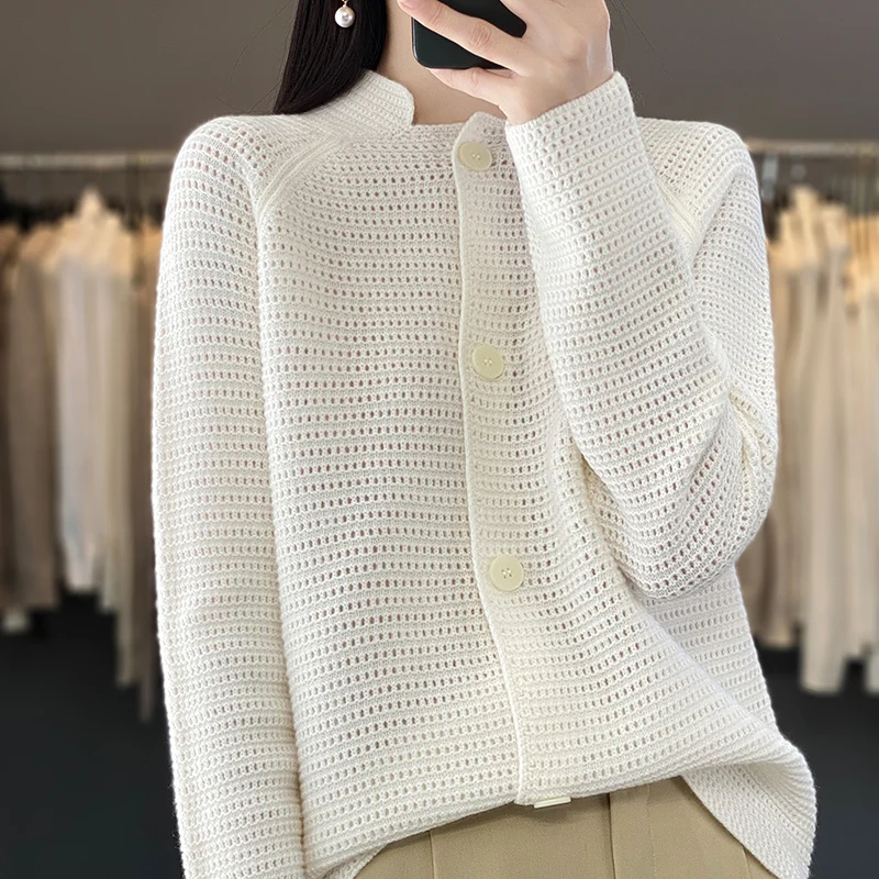 

2023 Autumn Winter Cardigan Sweater Loose Wool Knit Hollow Solid Top Fashion Women's Clothing