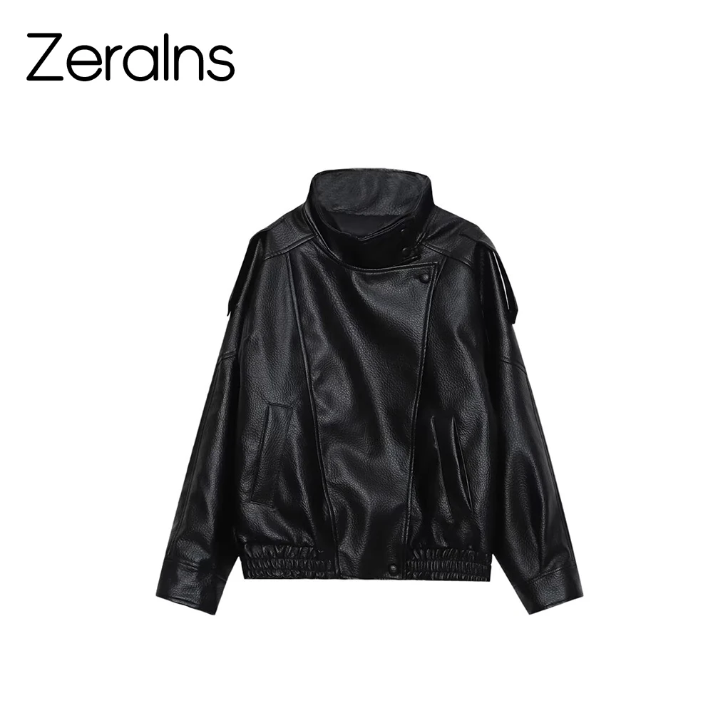 

ZERAINS 2022, осенняя новая женская куртка из искусственной кожи с длинным рукавом и воротником-стойкой, пальто, кожаная куртка