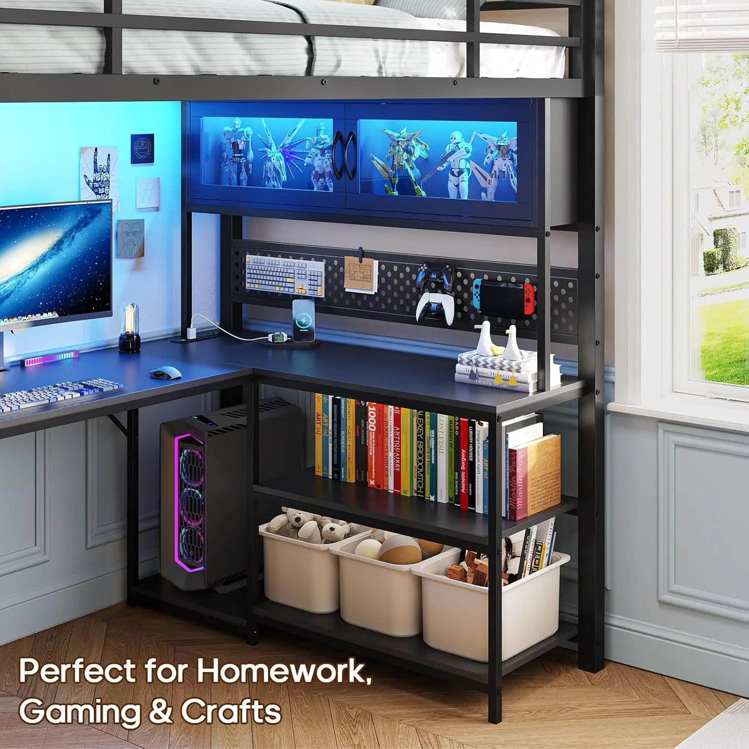 Twin Loft Bed with L-Shaped Gaming Desk, Storage Drawers, Hutch, Outlet & RGB Lights