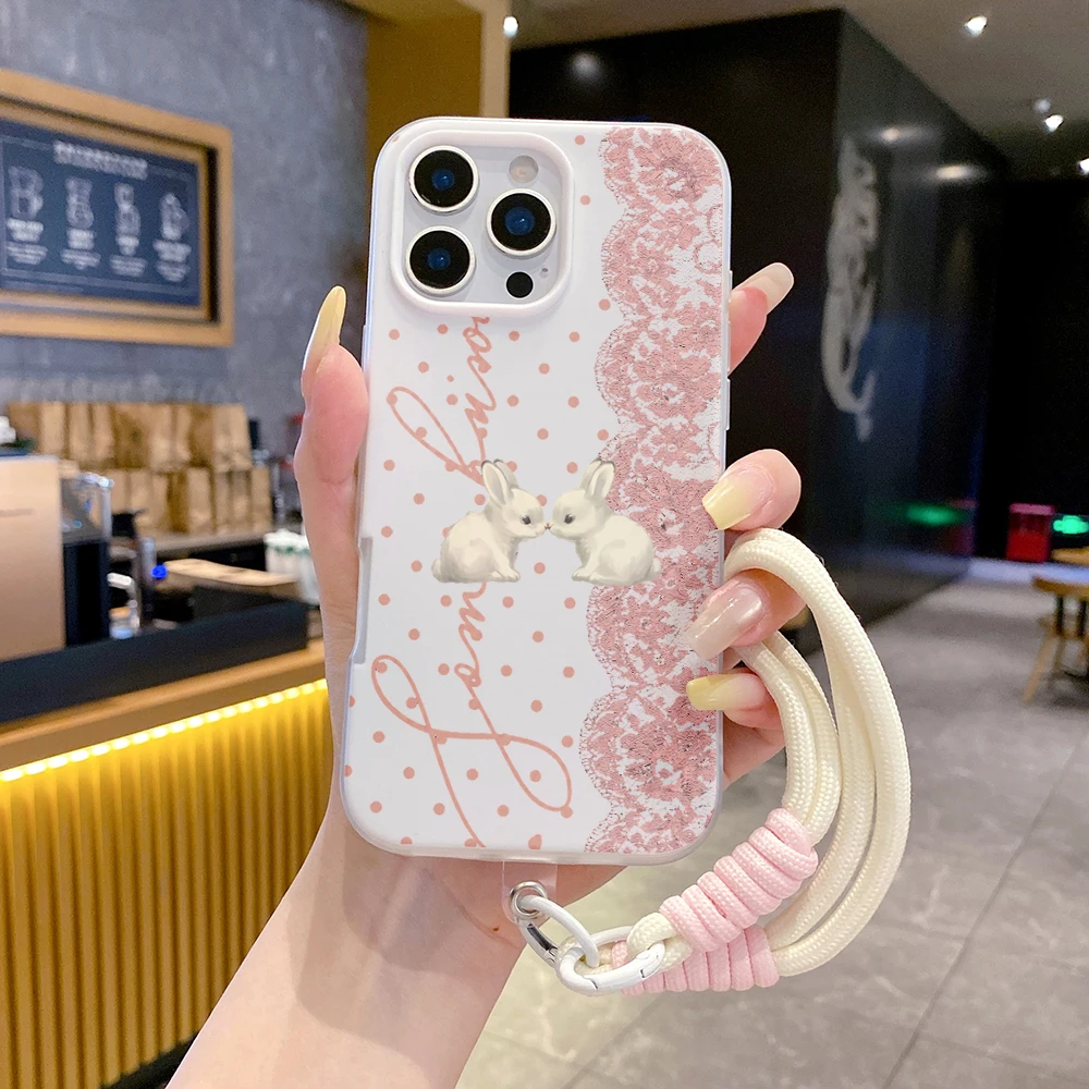 2 in1 Lanyard Jelly Phone Case Pink Lace Bunny For Samsung Galaxy S26 Ultra A57 A56 A54 A55 A17 A16 A07 5G S25 S23 S24 FE Cover