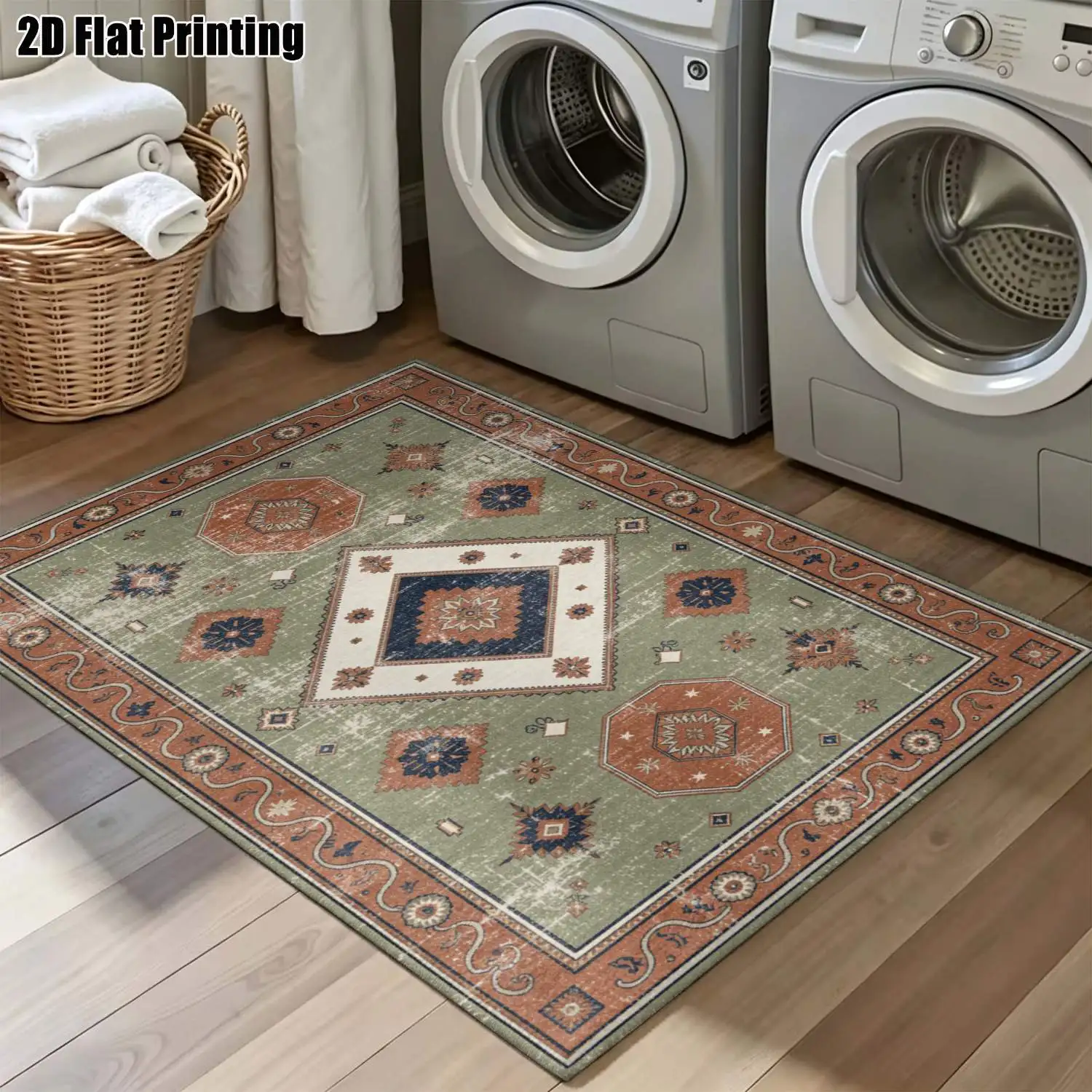 1Pc 2D Printed Retro Blue-Green Geometric Carpet: European, Bohemian Style, Home Decor, Multi-Size, Machine Washable, for Entrance, Dining, Foyer, Living Room, Bedroom