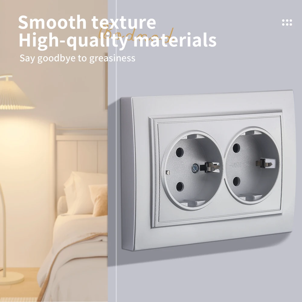 WESA Silvery Power 2 Socket EU Electrical Outlett With Ground Wall Socket Plugs Flame Retardant Spray Paint Plastic Embed Socket