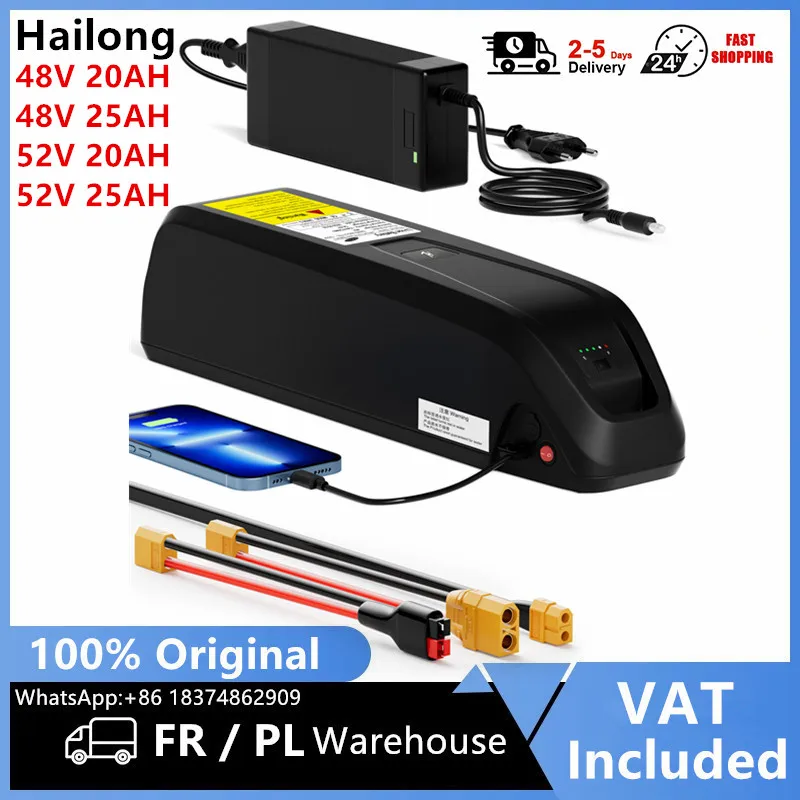 EU-Lager Hailong-Akku für E-Bikes 48V 20AH /48V 25AH/52V 20AH/52V 25AH 35A BMS 21700-Zellen Unterrohr-Akku für 100W-1600W Motor E-Bike