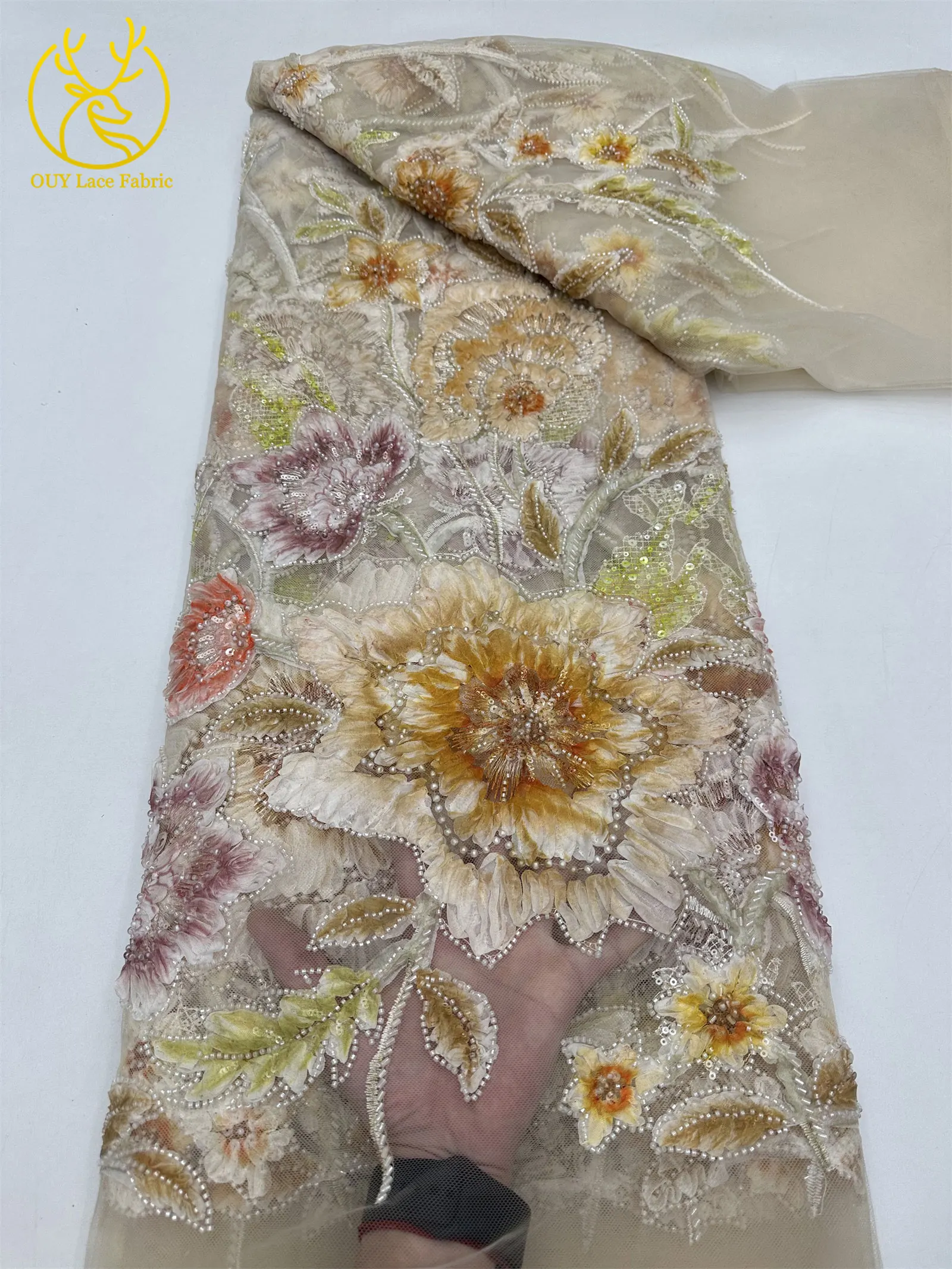 Neuer Stil 3D Blumen-Pailletten-Perlen-Spitzenstoff 2026 Afrikanischer Spitzenstoff Französische Netz-Pailletten-Spitze für Hochzeitskleider zum Nähen – Detail 10