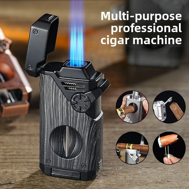 Four Blue Flame Cigar Lighter V-Smoke Knife Cigar Drilling Rig Anti-hit Fork Visual Ventilation Multifunctional Ignition Lighter