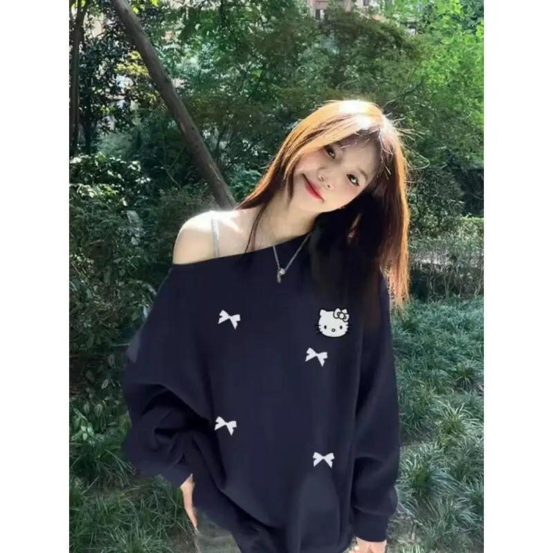 

Женский свитшот с открытыми плечами Kitty, темно-синий с длинным рукавом, осень-зима, новый свободный сексуальный асимметричный пуловер в американском стиле