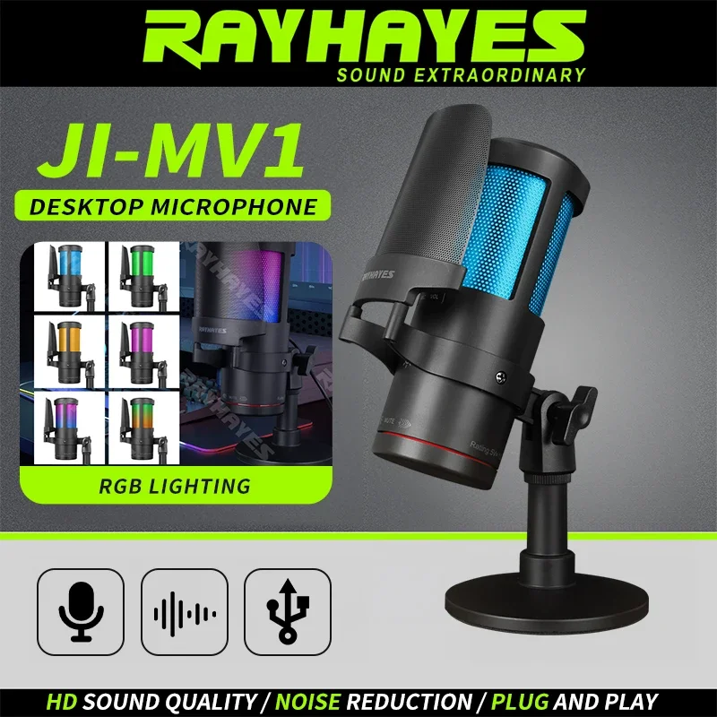 

RAYHAYES JI-MV1 USB gaming microphone Features noise cancellation RGB lighting effects and headphone monitoring