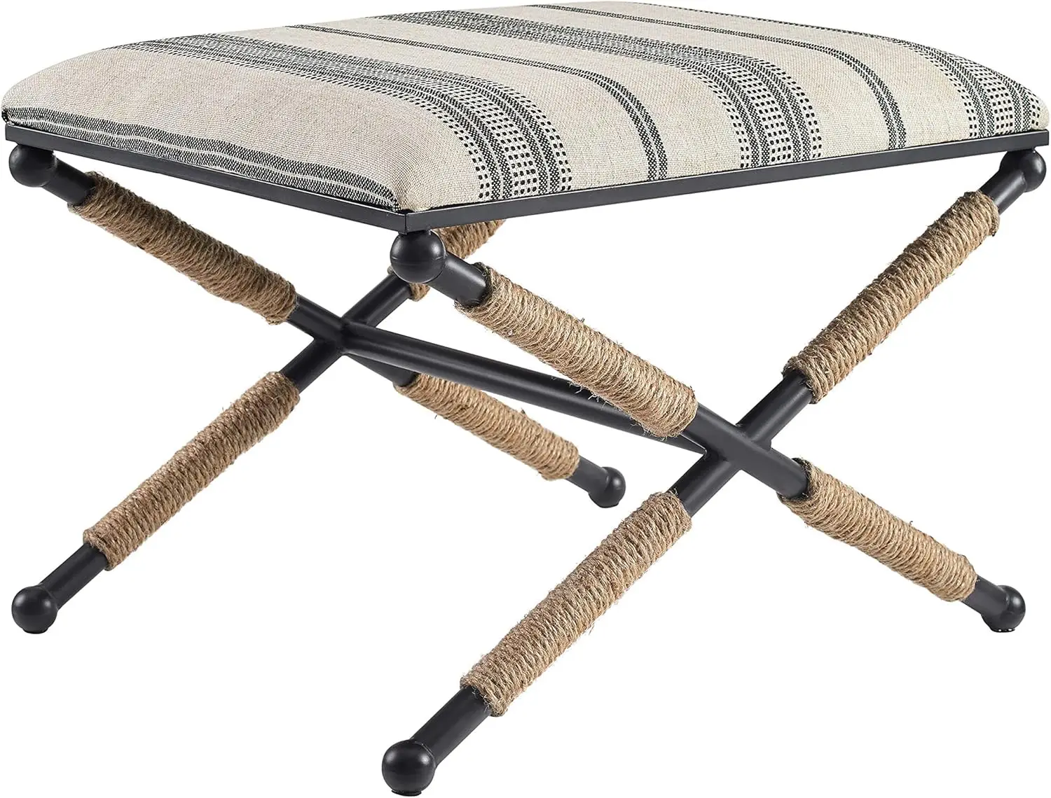 Farrow Black Metal and Natural and Black Stripe Upholstered Campaign Ottoman