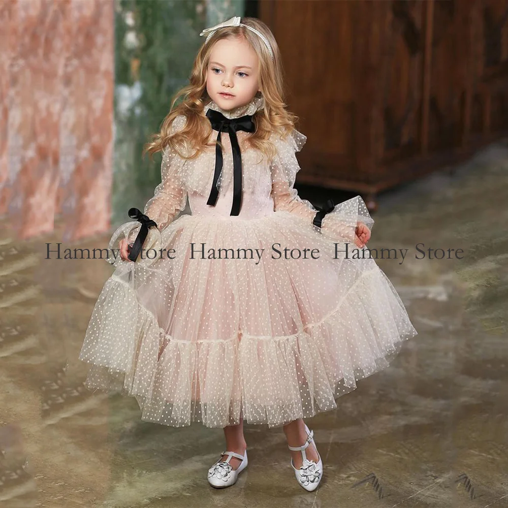 น่ารักสาวชุดวันเกิดสูงคอยาวแขนยาว Dot Tulle ๆน้อยๆสาวชุดพัฟสาย Tutu ดอกไม้สาวชุด