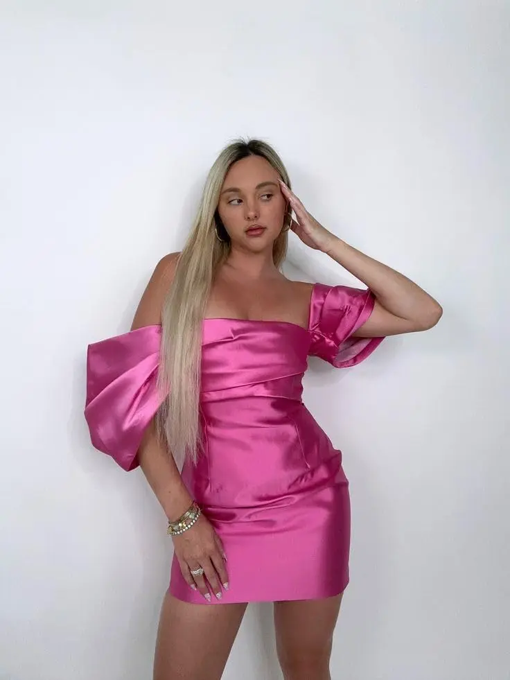 

Short Satin Homecoming Dress for Teens Formal Mini Off Shoulder Prom Party Wrap Bodice Dresses