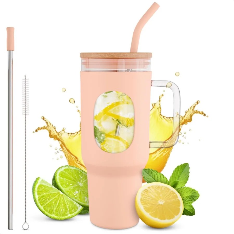 

46 Oz Glass Tumbler with Straw and Lid Peach Glass Water Bottle with Natural Bamboo Lid 2 Slim and Boba Straws Silicone Sleeve