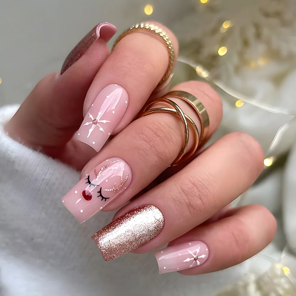 24 pçs natal médio quadrado imprensa em unhas com floco de neve papai noel falso prego glitter listra francesa dicas de manicure de unhas falsas