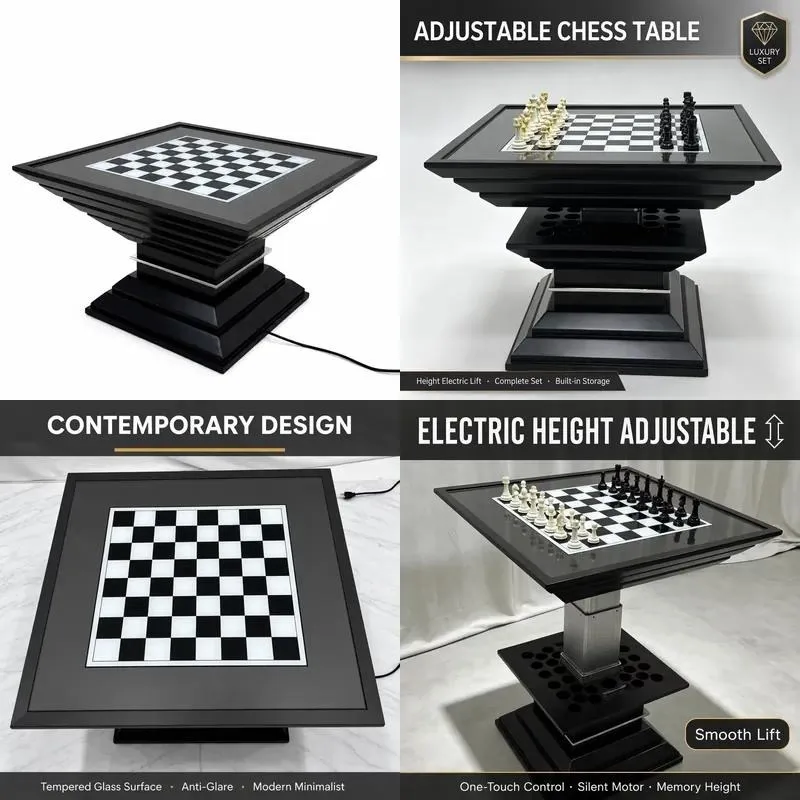 for Smart electric height adjustable modern luxury chess table, tempered glass, LED lighting, built-in storage space,