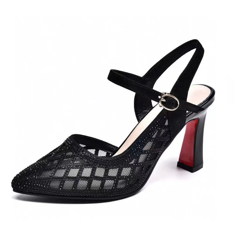 Shoes for Women 2023 New Spring and Autumn Women\'s Pumps Net Cloth Net Grid Breathable One Word Buckle Pointed Toe Shoes Women