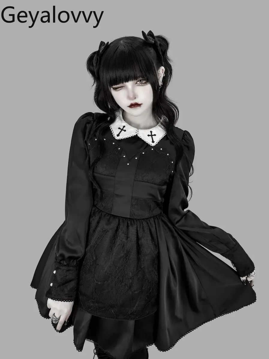 

2026 Spring New Japanese Harajuku Style Lace Patchwork Rivet Decorated Dress Color Block Lace-up Long Sleeve High Waist Dresses