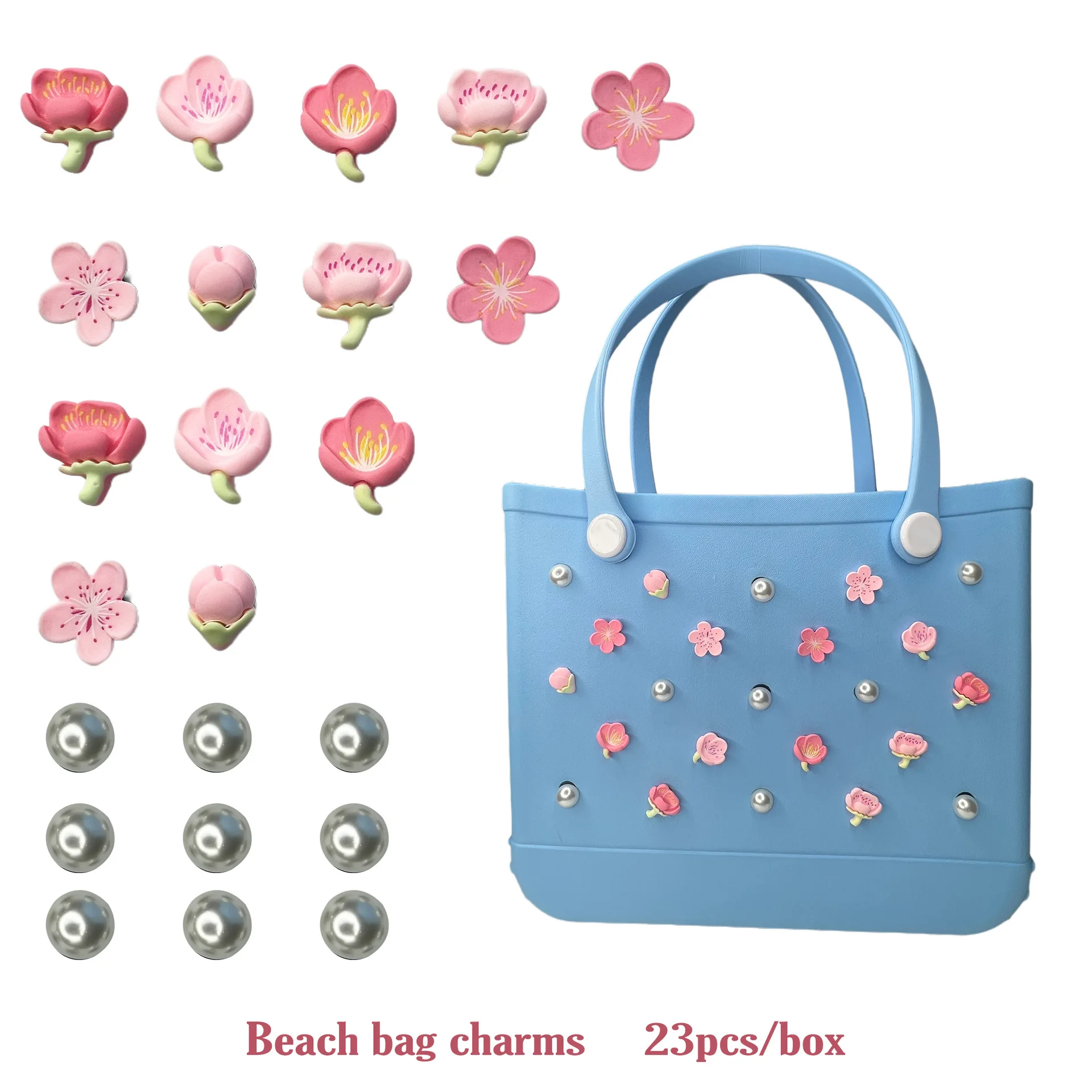 23pcs Accessories For Bogg Bag, Pink Flowers And Pearls Decoration For Bogg Bag Charms, Compatible With Rubber Beach Bag, Tote H