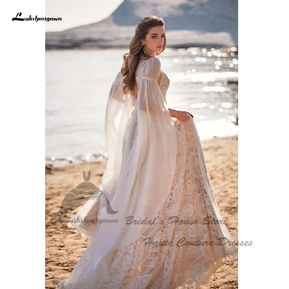 Lakshmigown Vintage Boho Strand-Hochzeitskleider mit abnehmbarem Spitzenumhang 2025 Vestidos Sexy Champagner Brautkleider Tief ausgeschnitten Maßanfertigung – Detail 5