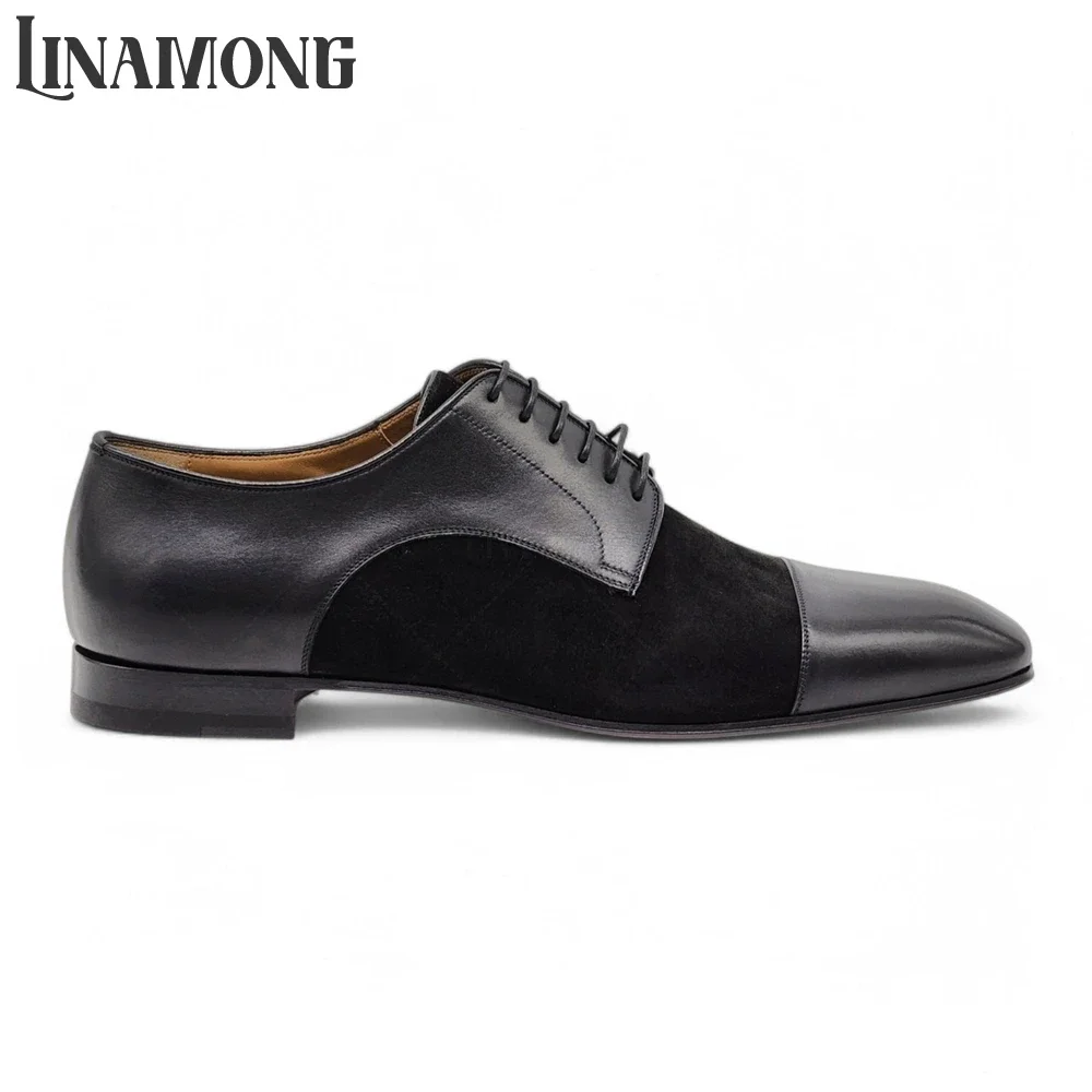 Polished Leather Suede Derby Shoes Black Leather Trim Embellishment Dress Shoes Square Toes Lace-Up Low Heel Men's Leather Shoes