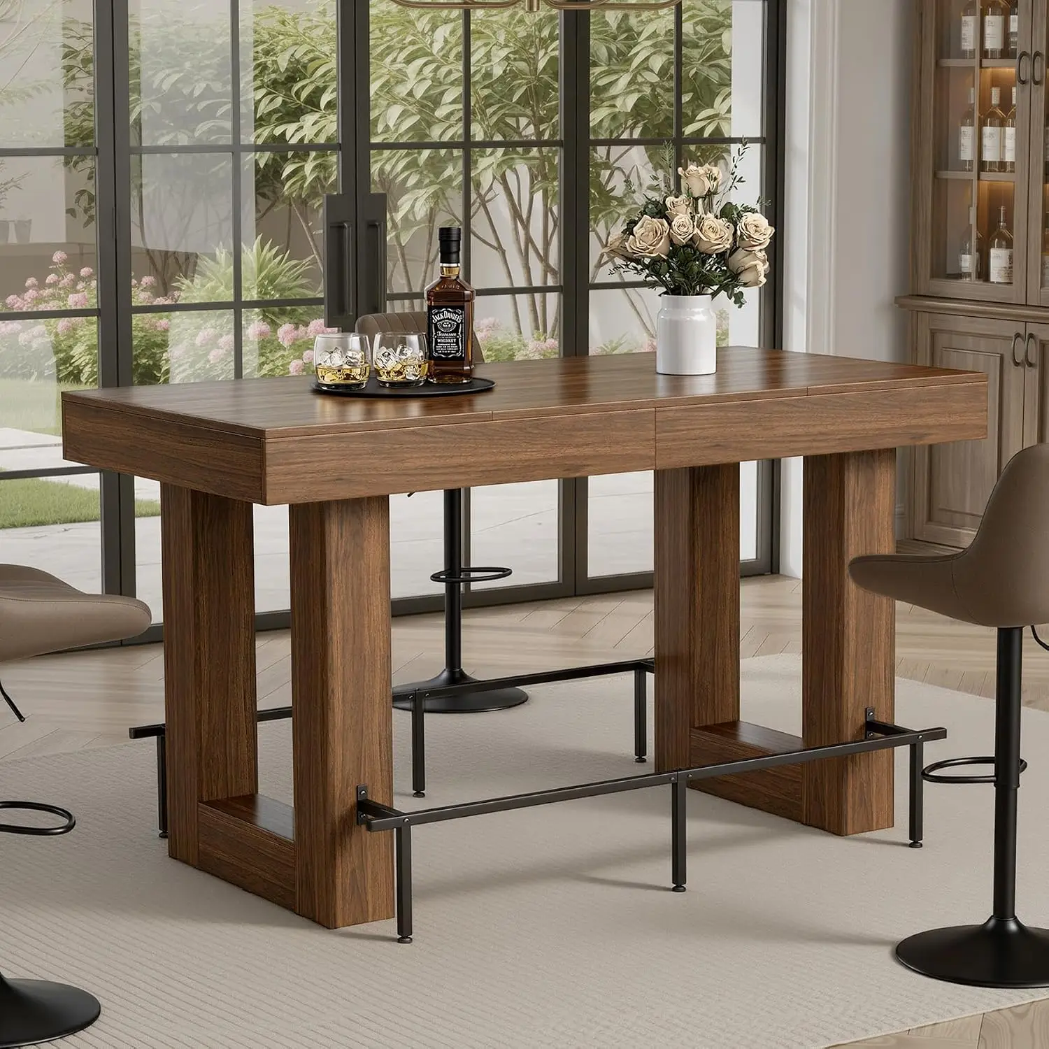 63 * 31.5 Inch Bar Table， Counter Height Dining Table，Seats 4-6 People, with Metal Footrest ，for Kitchen, Living Room