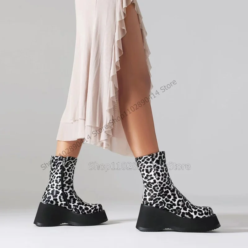 Two Colors Leopard Print Thick Bottom Boots Mid Calf Side Zipper Women Shoes Wedge Heels Novel Fashion 2023 Zapatos Para Mujere