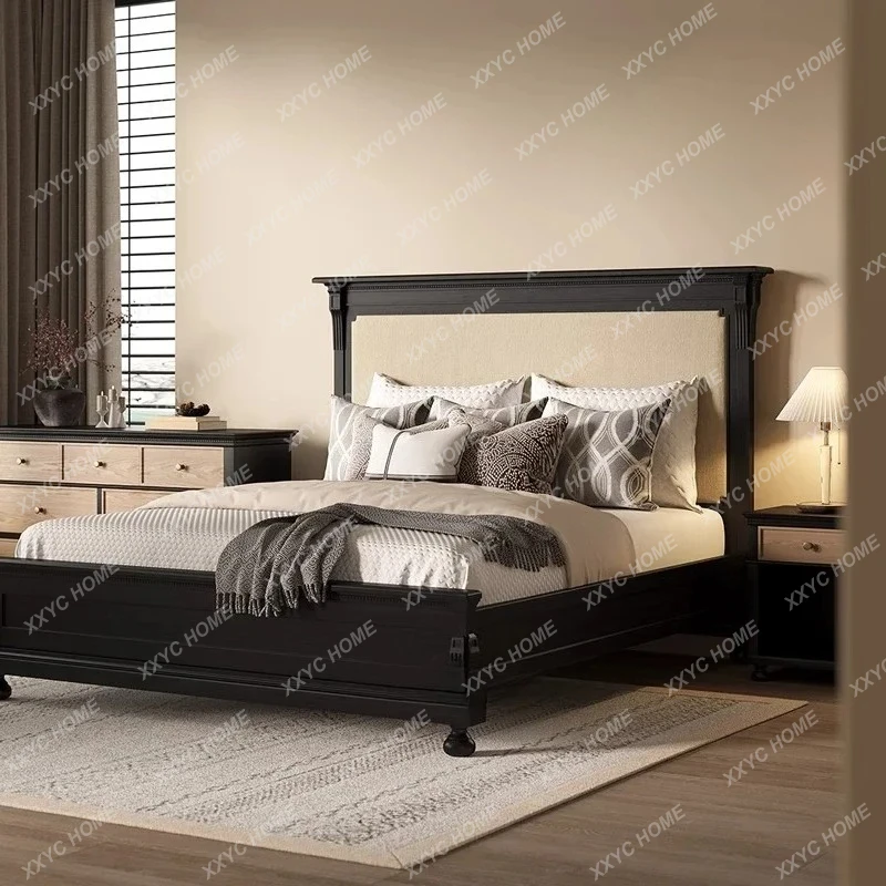 

XX Retro Solid Wood Double Bed 1.8 Meters Master Bedroom Large Bed French Black Medieval Wedding Bed