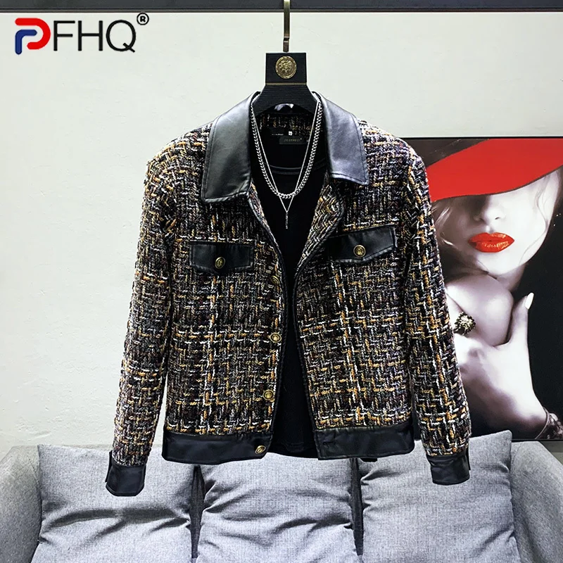 PFHQ 2023 New Patchwork Leather Jackets For Men Long Sleeve Turn-down Collar Contrast Color Coat Men\'s Summer Fashion 21F3421