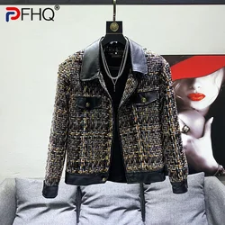 PFHQ 2023 New Patchwork Leather Jackets For Men Long Sleeve Turn-down Collar Contrast Color Coat Men's Summer Fashion 21F3421