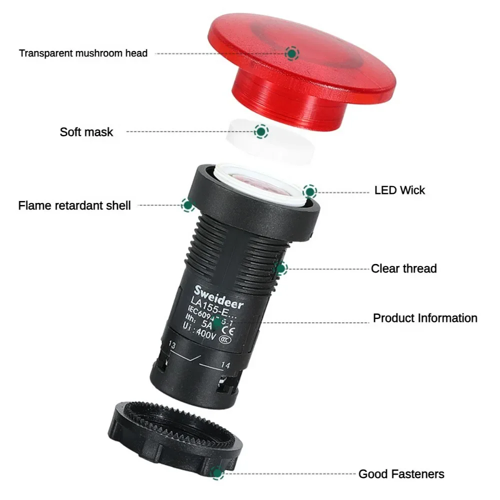 مفتاح زر فطر إيقاف الطوارئ ، لحظي ، إعادة ضبط ذاتي ، زر ضغط ، بدء تشغيل الطاقة ، بضوء ، أحمر ، أصفر ، 5A ، 22