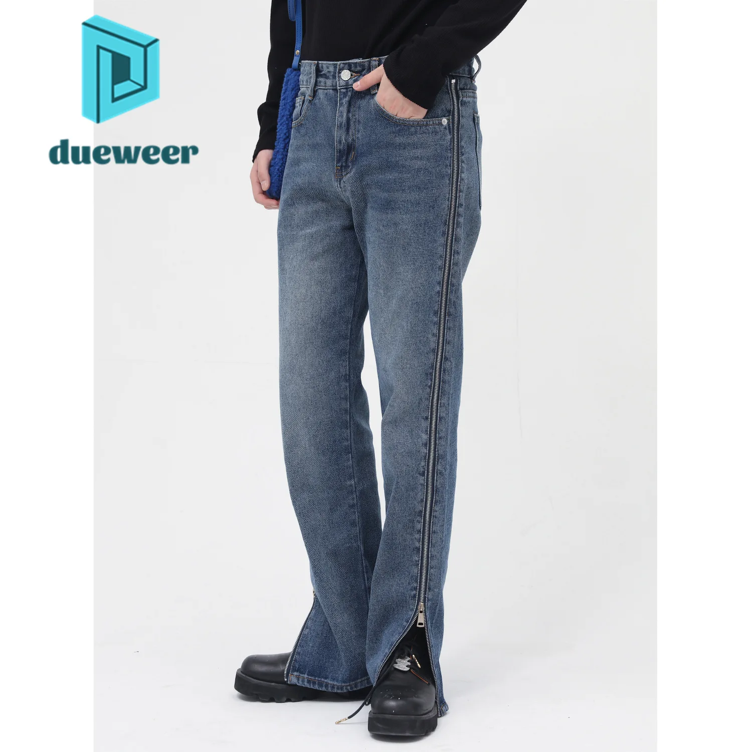 

DUEWEER Men's Korean Fashion Casual Straight Jeans Baggy Punk Trousers Vintage Streetwear Harajuku Blue Denim Pants for Man