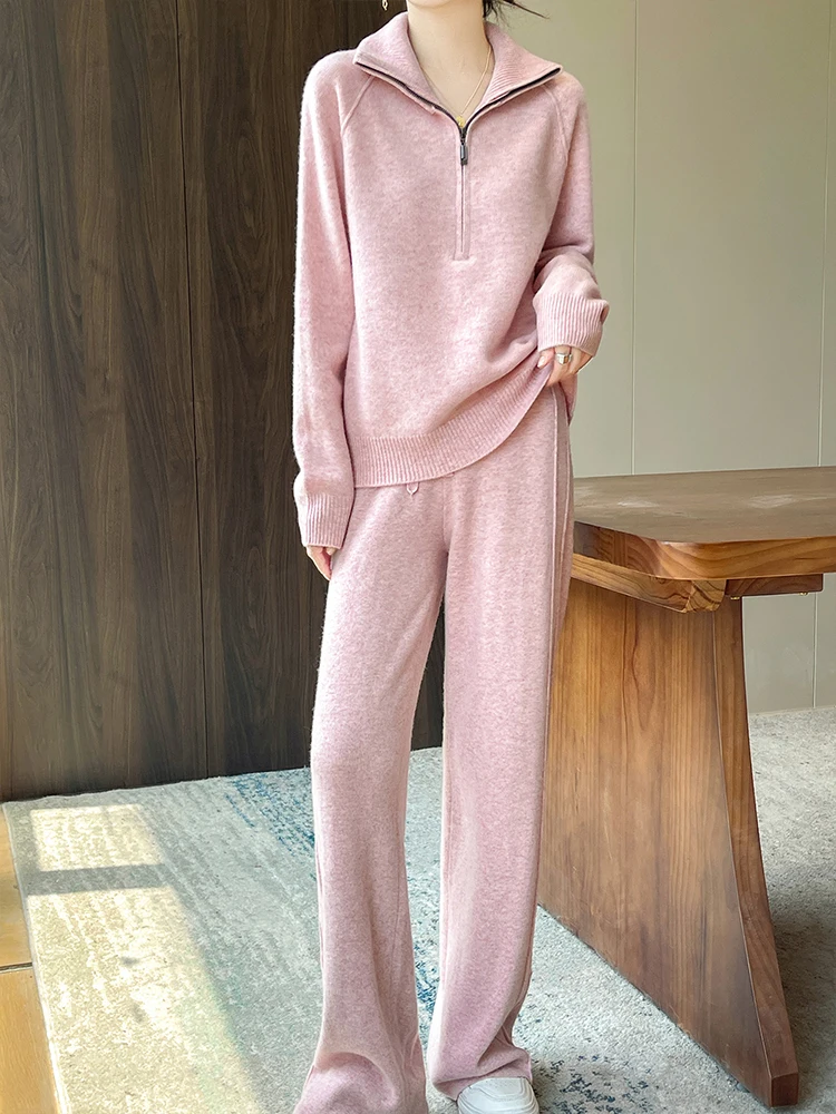 Women's 2-Piece Fashion Set High Neck Zipper Pullover Sweatshirt High Elastic Waist Wide-Leg Trousers Pure Wool Pants Ensemble