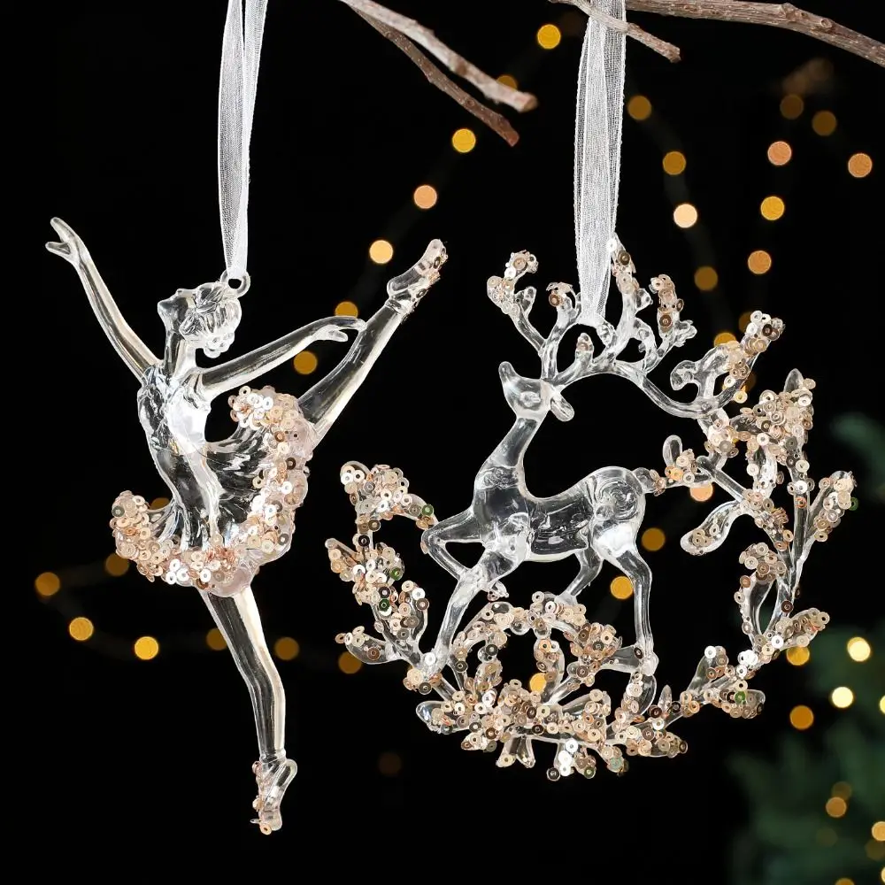 

Sparkling Snowflake Ice Strip Pendants Gold Sequin Transparent Xmas Tree Hanging Ornament with Ribbons Elegant