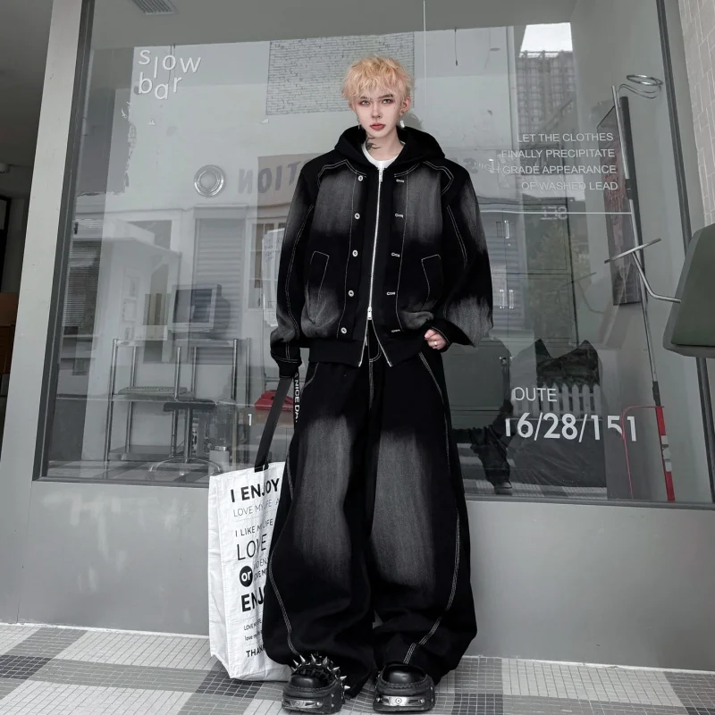 

Весенний модный мужской джинсовый комплект: куртка с капюшоном и широкие брюки, дизайн с цветовыми блоками, длинный рукав, повседневный стиль, размер для подростков