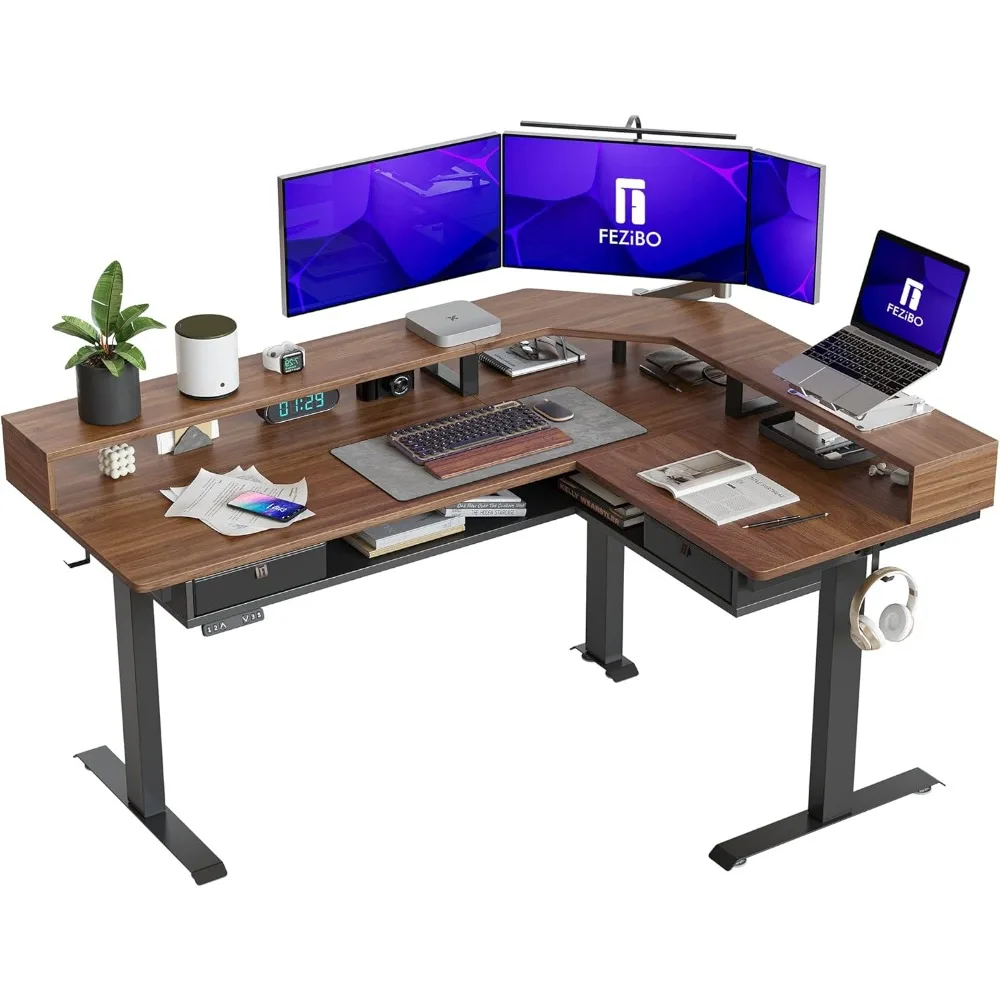 L Shaped Standing Desk with LED Strip & 2 Drawers, Triple Motors Supports Over 300lbs, Upper and Lower Storage Shelves Available