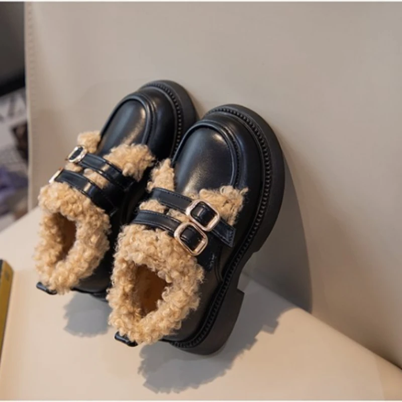 Girl Shoe Kid Lamb Fur Plush Leather Shoe Winter British Warmth Cotton Shoe Fashion Princess Loafers Shoe Kid Shoe Mary Jane