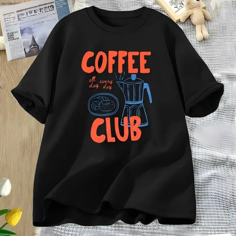 Coffee Club Graphic T-Shirt Coffee Lover Gift Tee All Day Every Day Moka Pot Graphic Summer Short Sleeve Women Streetwear Top