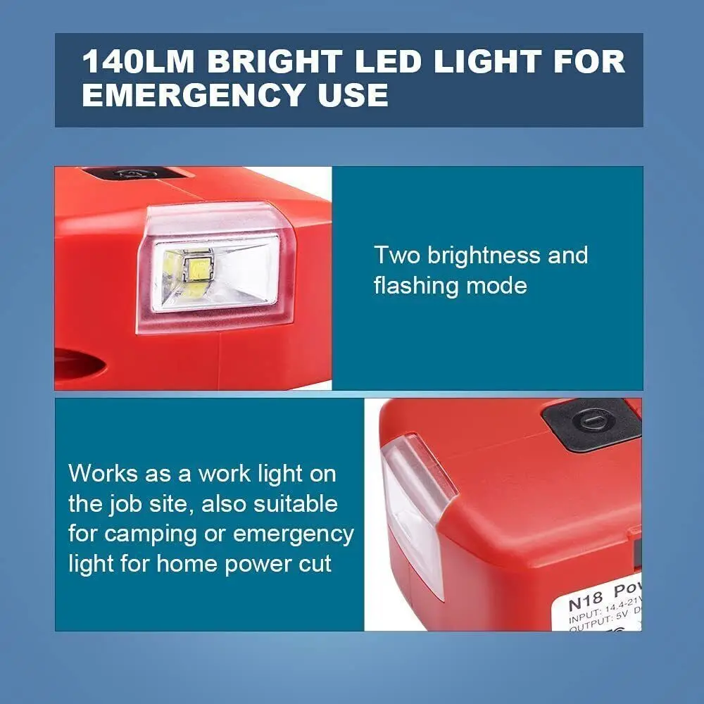 Battery Adapter for Milwaukee 18V Li-ion Battery Power Source with Dual USB 5V/2.1A 3W LED Work Light