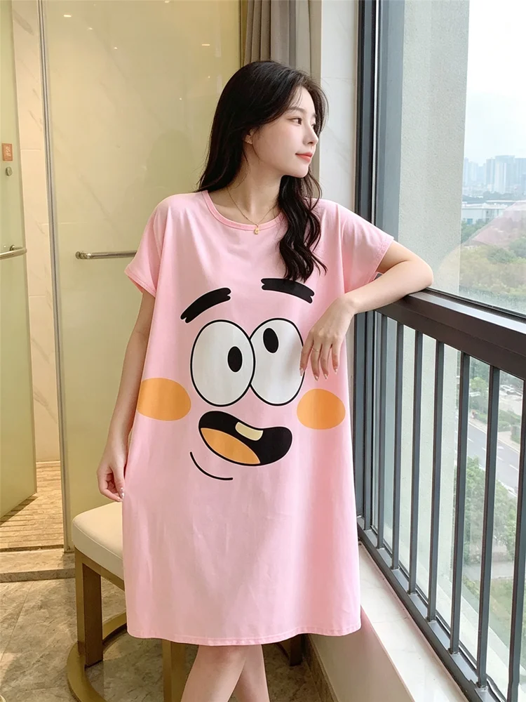 Cartoon Lounge Dresses Cute Short Sleeve Crew Neck Dress Women's Loungewear & Dresses Loose and comfortable home-cozy pajamas