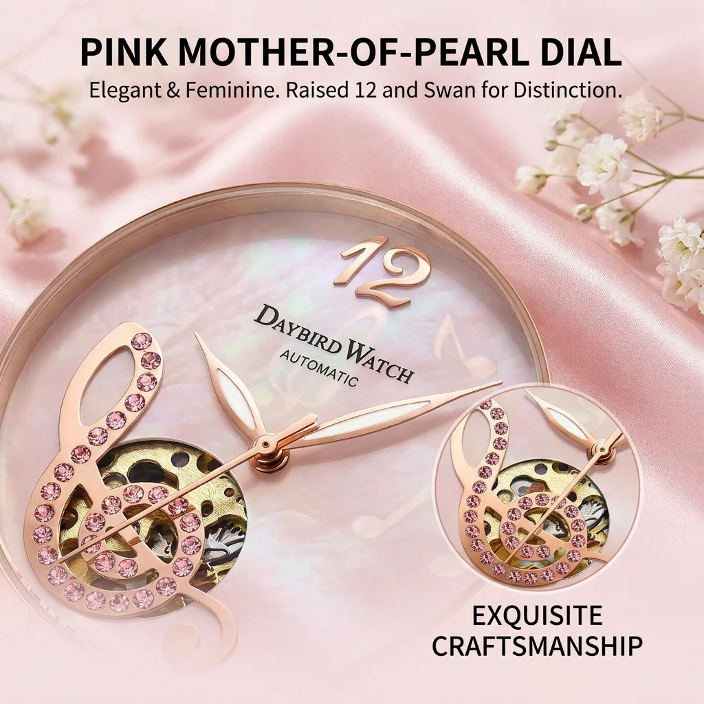 1pcs Women's pink dial alloy s - Skeleton Mechanical Watch recension och pris