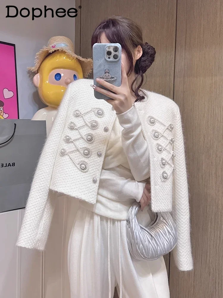 

Celebrity White Beaded Woolen Short Jacket Women's 2025 Spring Heavy Industry Diamond-encrusted Tweed Suit Cardigan Coat