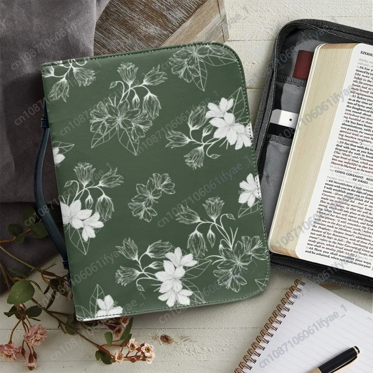 

Hot Flower Print Leather Bible Cover Case for Women Zipper Handle Handbags Portable Practical Bible Storage Bags Paquete Bíblico