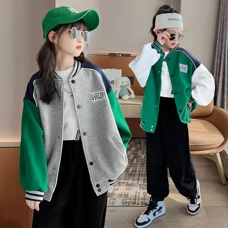 Cotton Contrast Girls Flocked Alphabet Single-breasted Sweat Varsity Jackets School Kids Track Coat Child Outfit Tops 5-16 Years