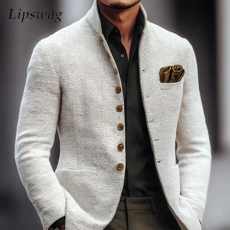

Daily Casual Mens Solid Color Jackets Vintage Button-up Stand Collar Textured Coats Men 2026 Spring Stylish Slim Fit Outerwear