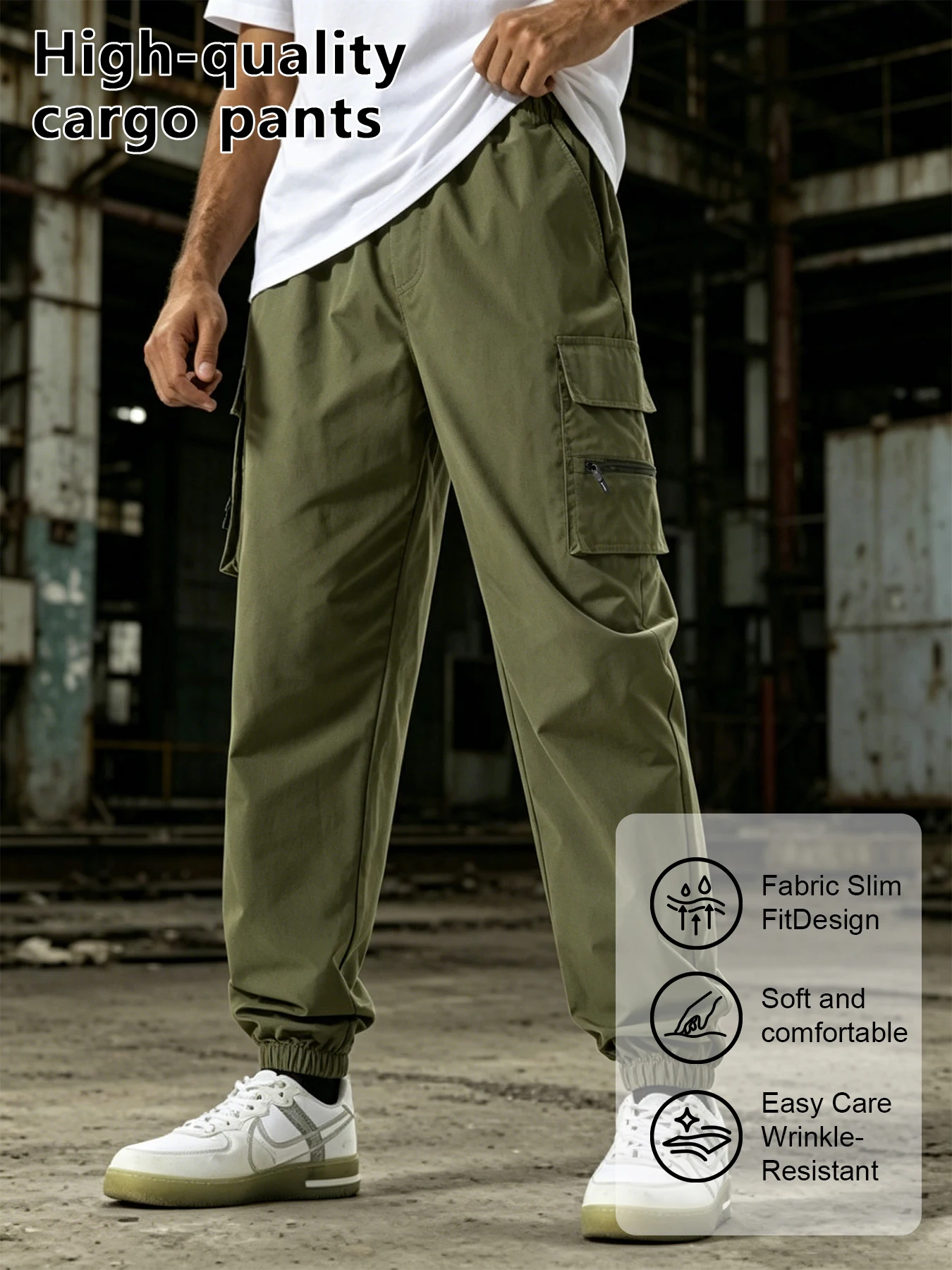 Mens Light Woven Zipper Pocket Cargo Jogger Pants Full Elastic Waist Cuff Wrinkle Free Shrink Resistant Outdoor Street Casual - view 2