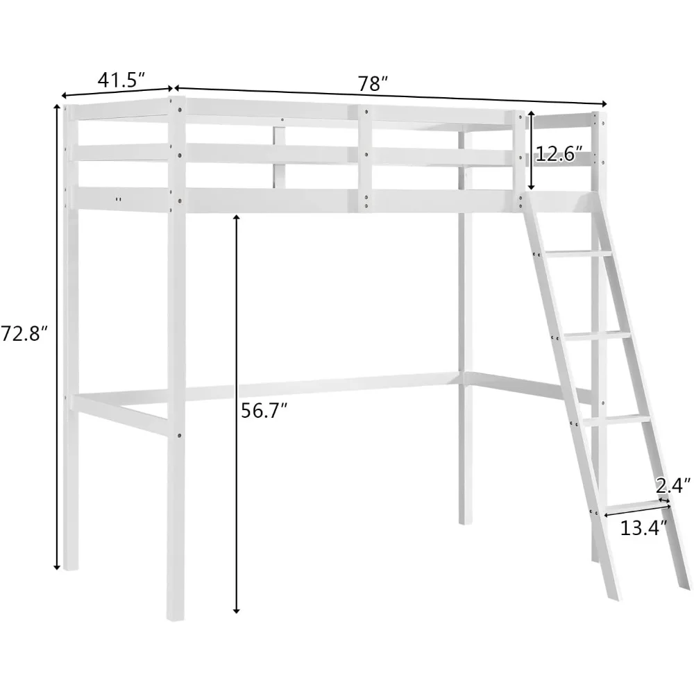 Loft Bed Twin Size, Low Loft Bed with Slide and Ladder, Solid Pine Wood Bed Frame,14" Safety Guardrail, Anti-Slip Steps