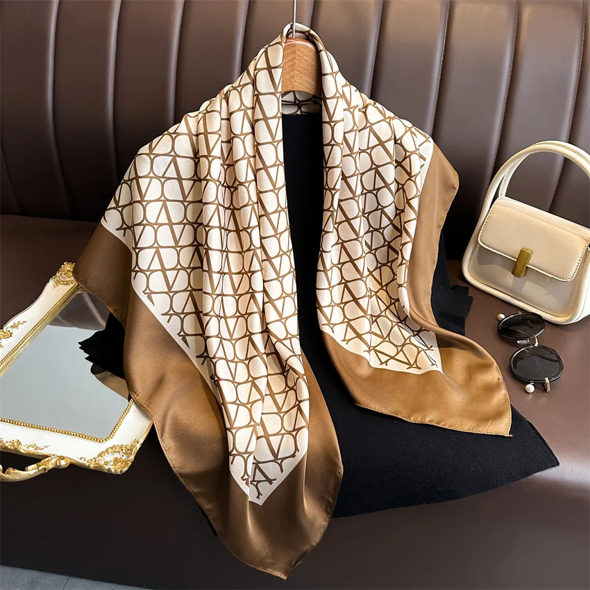 New Fashion Luxury Printing 90*90CM Women Scarf Satin Twill Square Big Shawl Elegant Headscarf Beach Sun Protection Bandana
